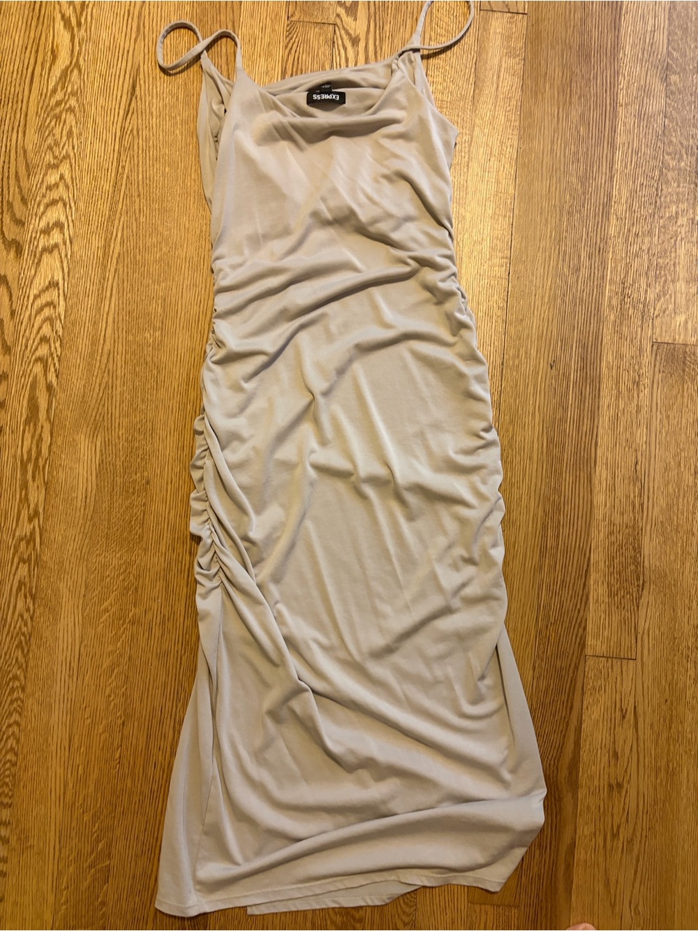 Express Light Beige Ruched Side-Tie Midi Skirt - Picture 9 of 9